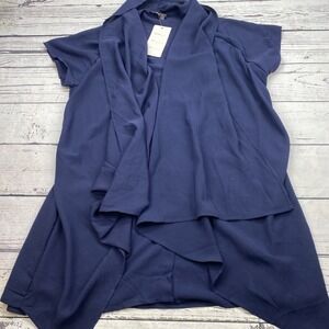 Bella Berry Navy Blue Waterfall Cardigan Drape Open Front Short Sleeve Size 2X